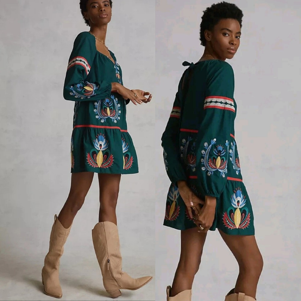 LetMeBe Anthropologie Green Embroidered Boho Tiered Tunic Babydoll Mini Dress XS
